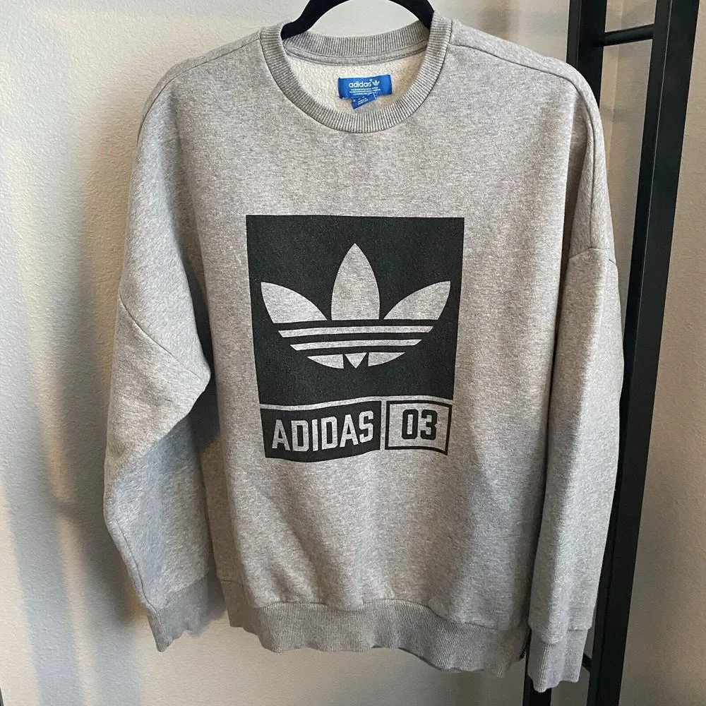 Vintage Adidas‎ Trefoil Pullover Grey Sweatshirt Drop Shoulders Side Zip Medium